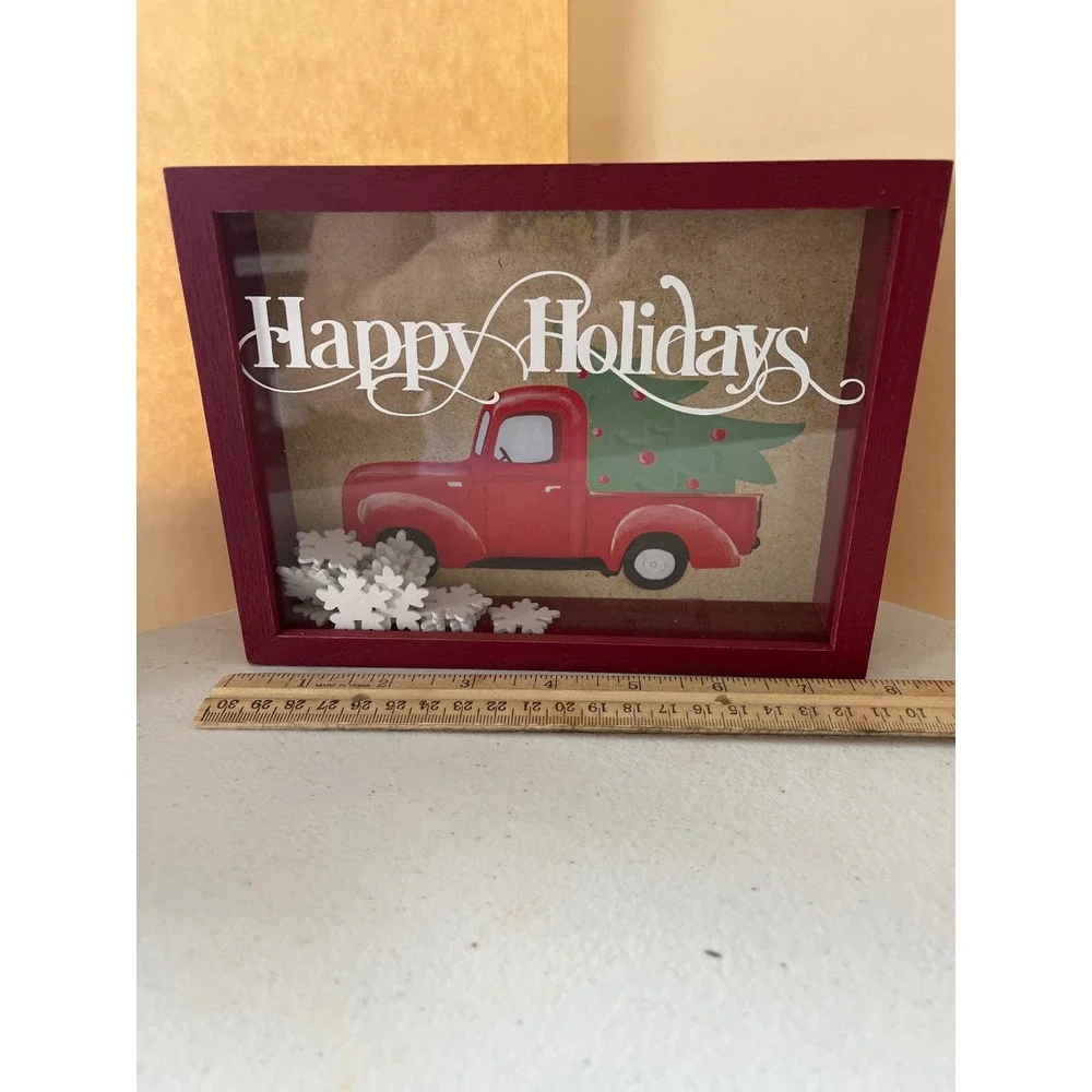 Happy Holidays Red Truck Shadow Box Christmas Decor Wall Art 8x6